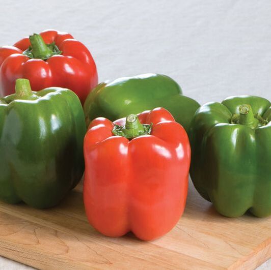 Photo of bell peppers, of the 5, 2 are red 3 are green. This is a link to the Sweet Pepper section of Wilson Home Farm's Digital Seed Catalog