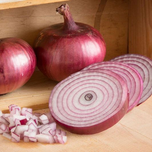 Photo of a red onion. This is a link to the Allium section of Wilson Home Farm's Digital Seed Catalog