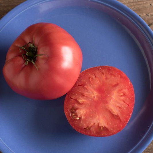 Picture of a brandywine tomato sliced in half